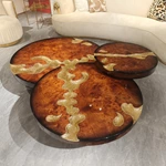Luxury Nesting Coffee Table Set with Natural Burl Wood Veneer and Hammered Metal Detailing
